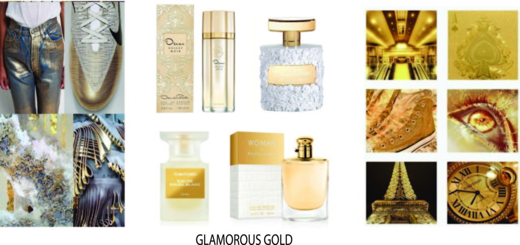 Gold is a popular choice for women's perfume packaging, especially when combined with white