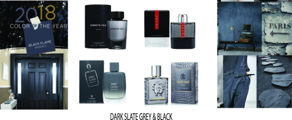Slate grey and black is a popular colour choice for mens perfume packaging
