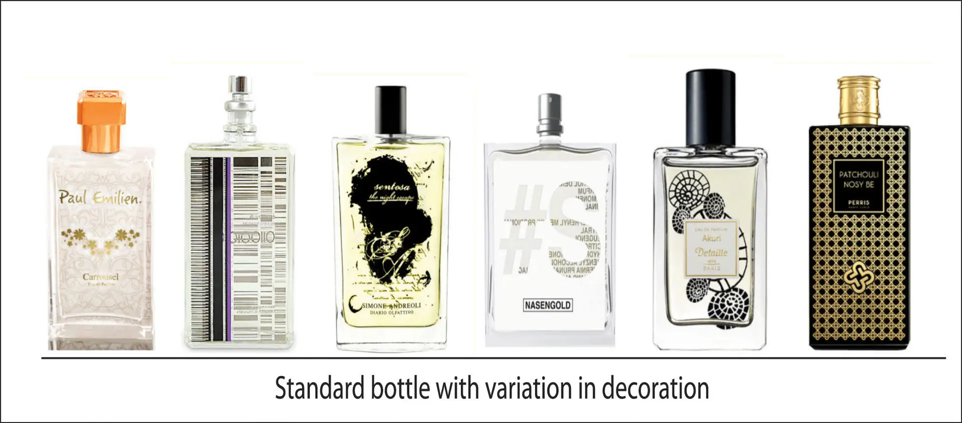 with standard perfume bottles with interesting decoration - screen print and hot foil