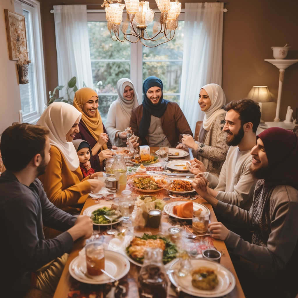 A muslim gathering around a dinner tables but the AI software has failed to work out that only women wear head scarves
