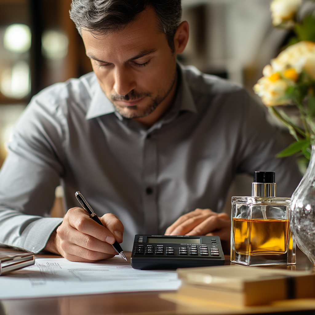 a man calculating his product cost for his perfume