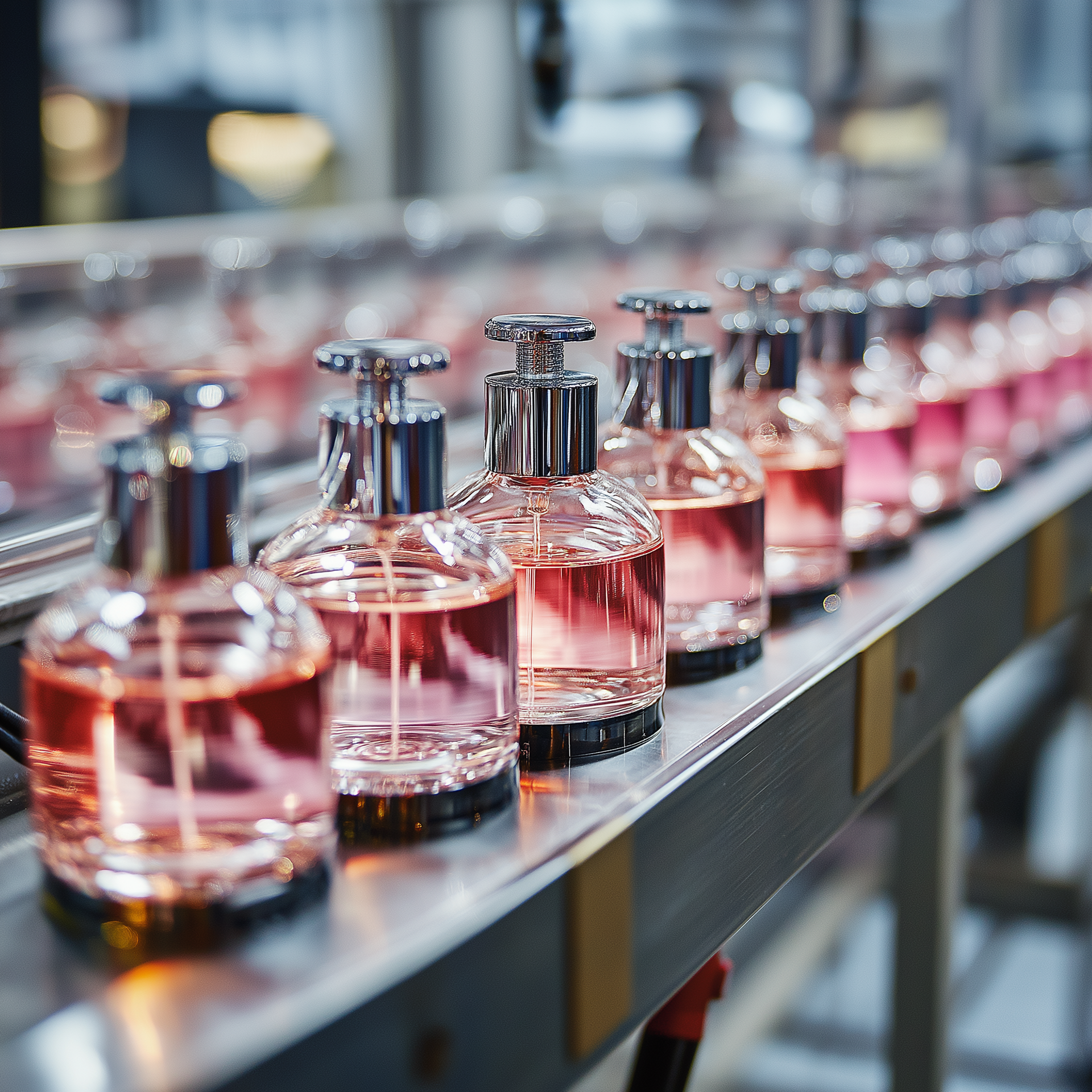 filling perfumes in a production line