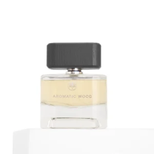 aromatic wood perfume with wooden cap and heavy bottle