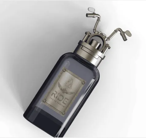 Ride bottle set with standard bottle and custom metal plate and cap | Stylish Fragrance Packaging